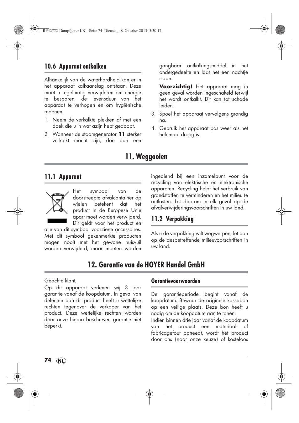 Weggooien, Garantie van de hoyer handel gmbh, 6 apparaat ontkalken | 1 apparaat, 2 verpakking | Silvercrest SDG 800 B2 User Manual | Page 76 / 98