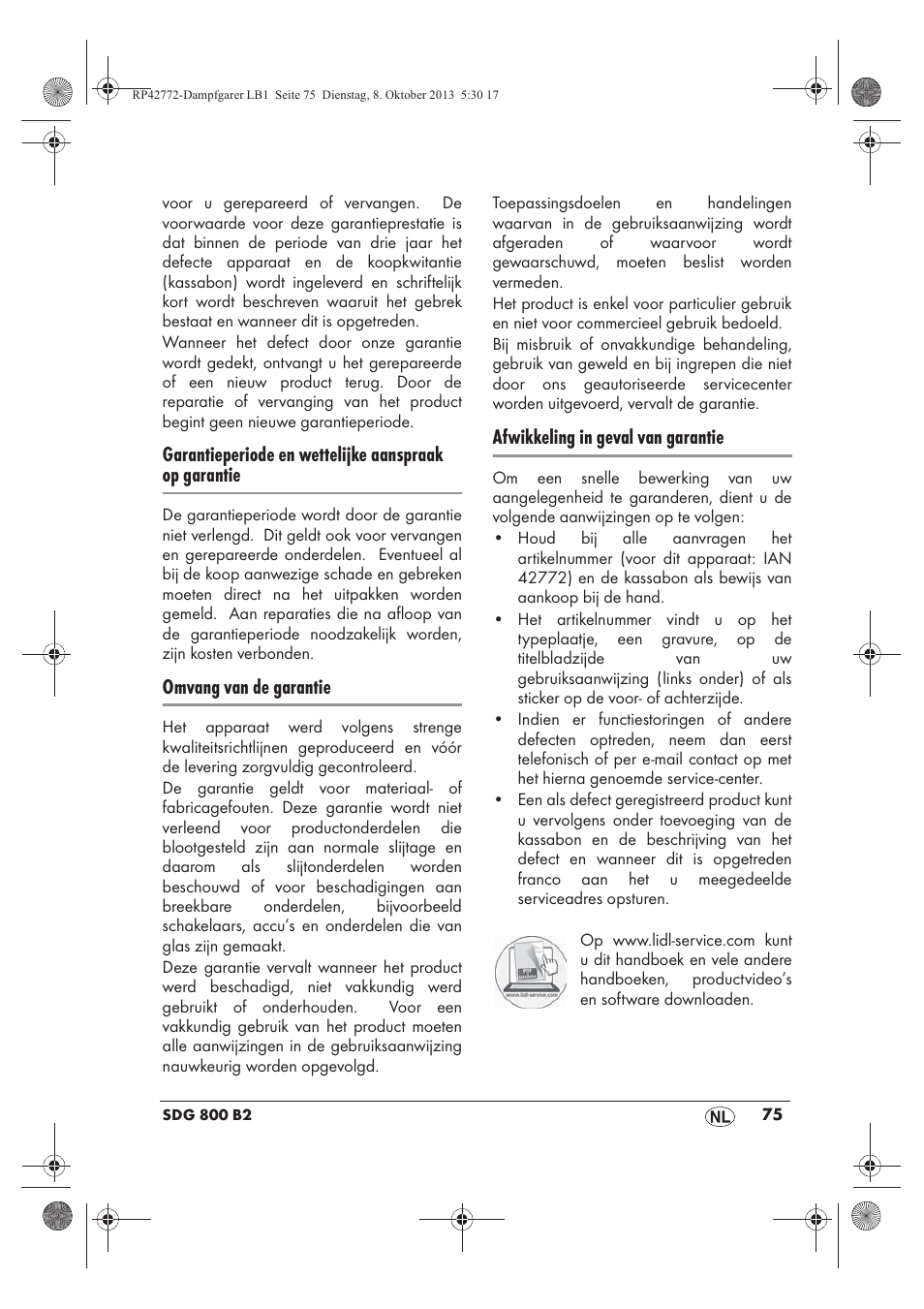 Omvang van de garantie, Afwikkeling in geval van garantie | Silvercrest SDG 800 B2 User Manual | Page 77 / 98