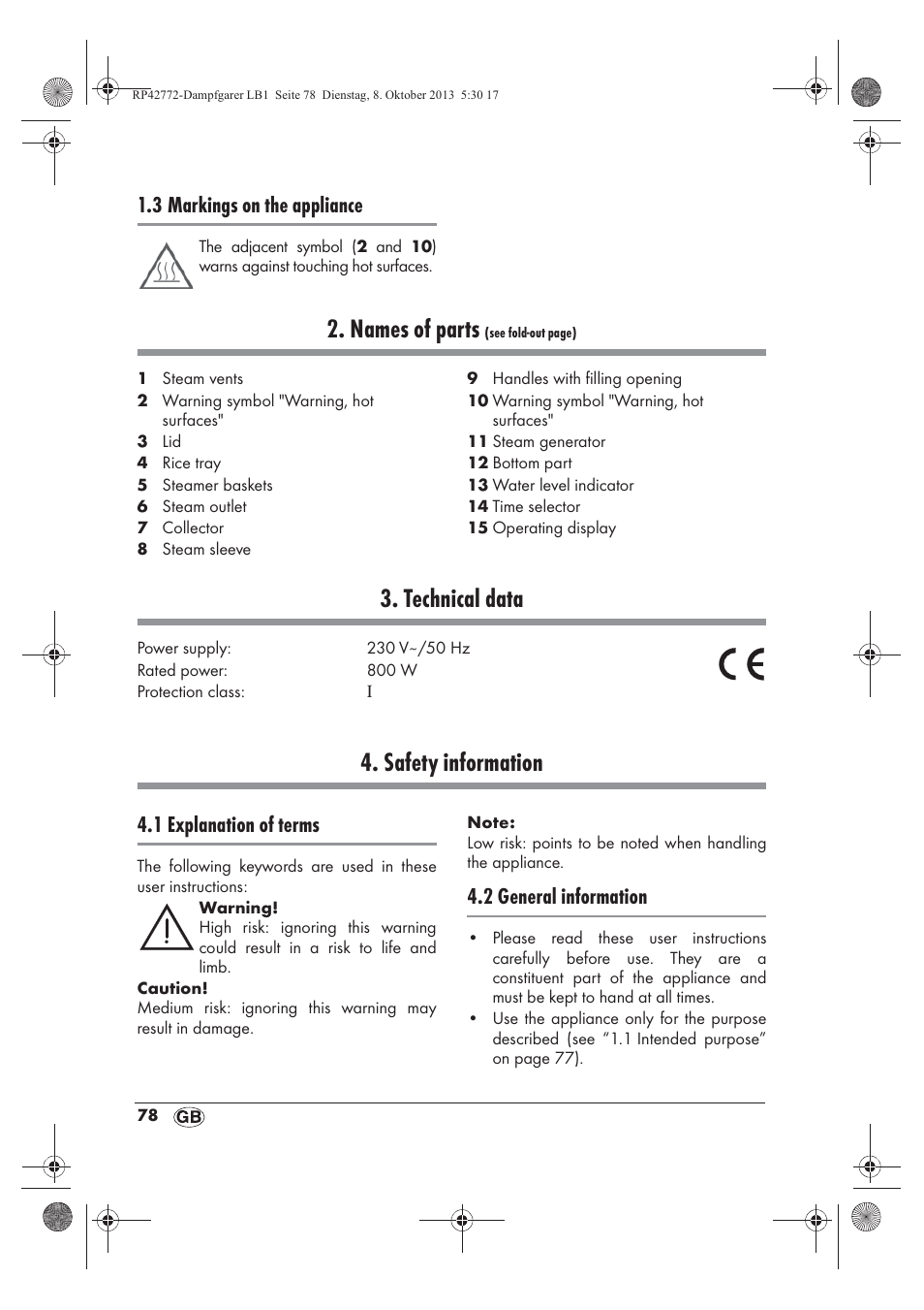 Names of parts, Technical data, Safety information | 3 markings on the appliance, 1 explanation of terms, 2 general information | Silvercrest SDG 800 B2 User Manual | Page 80 / 98