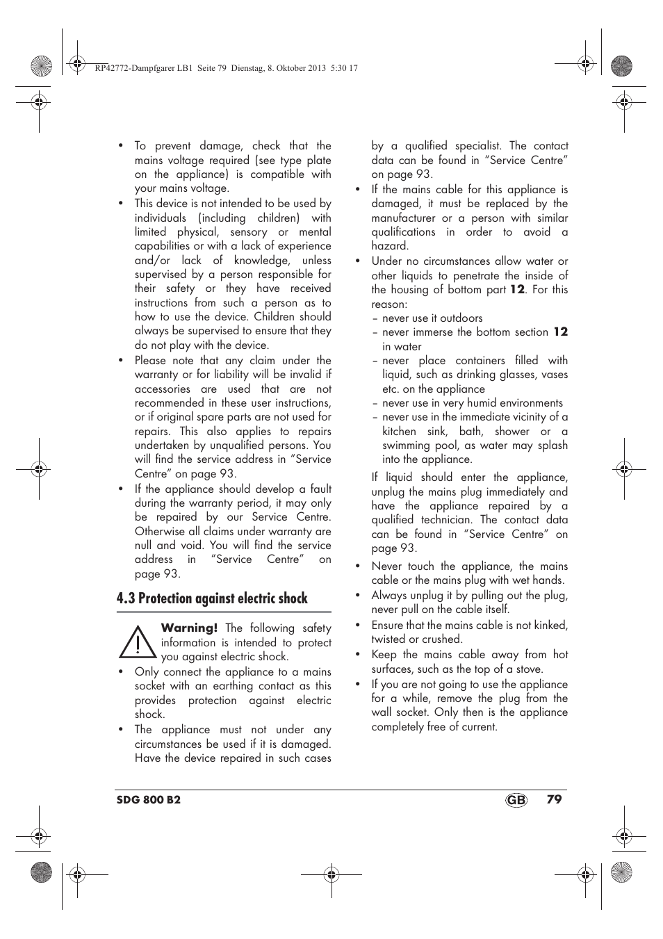 3 protection against electric shock | Silvercrest SDG 800 B2 User Manual | Page 81 / 98