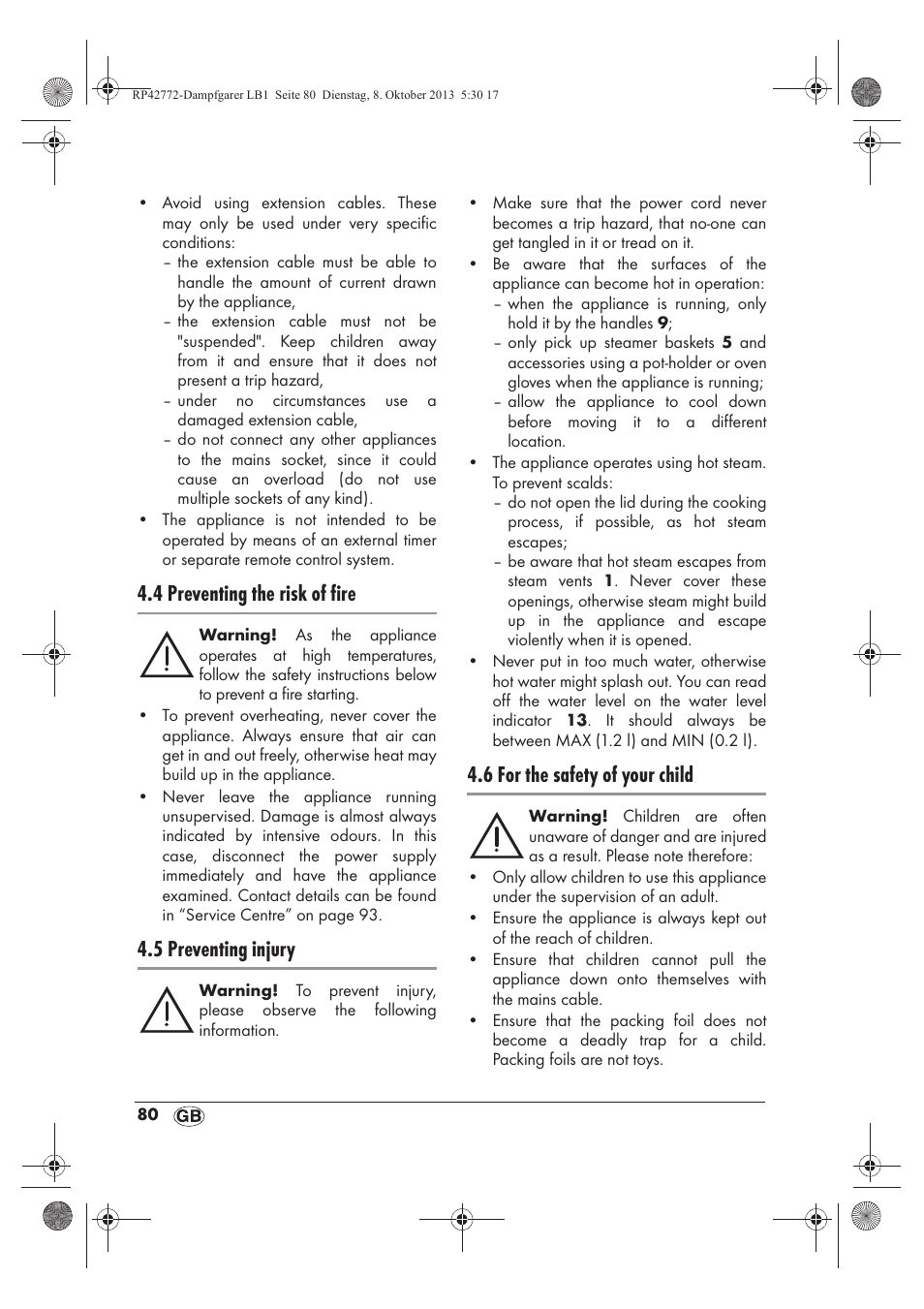 4 preventing the risk of fire, 5 preventing injury, 6 for the safety of your child | Silvercrest SDG 800 B2 User Manual | Page 82 / 98