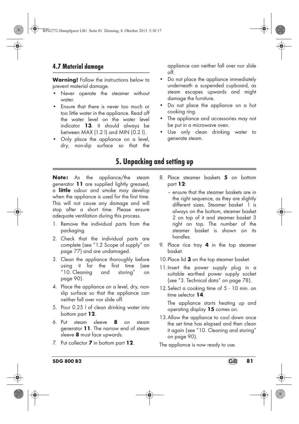 Unpacking and setting up, 7 material damage | Silvercrest SDG 800 B2 User Manual | Page 83 / 98