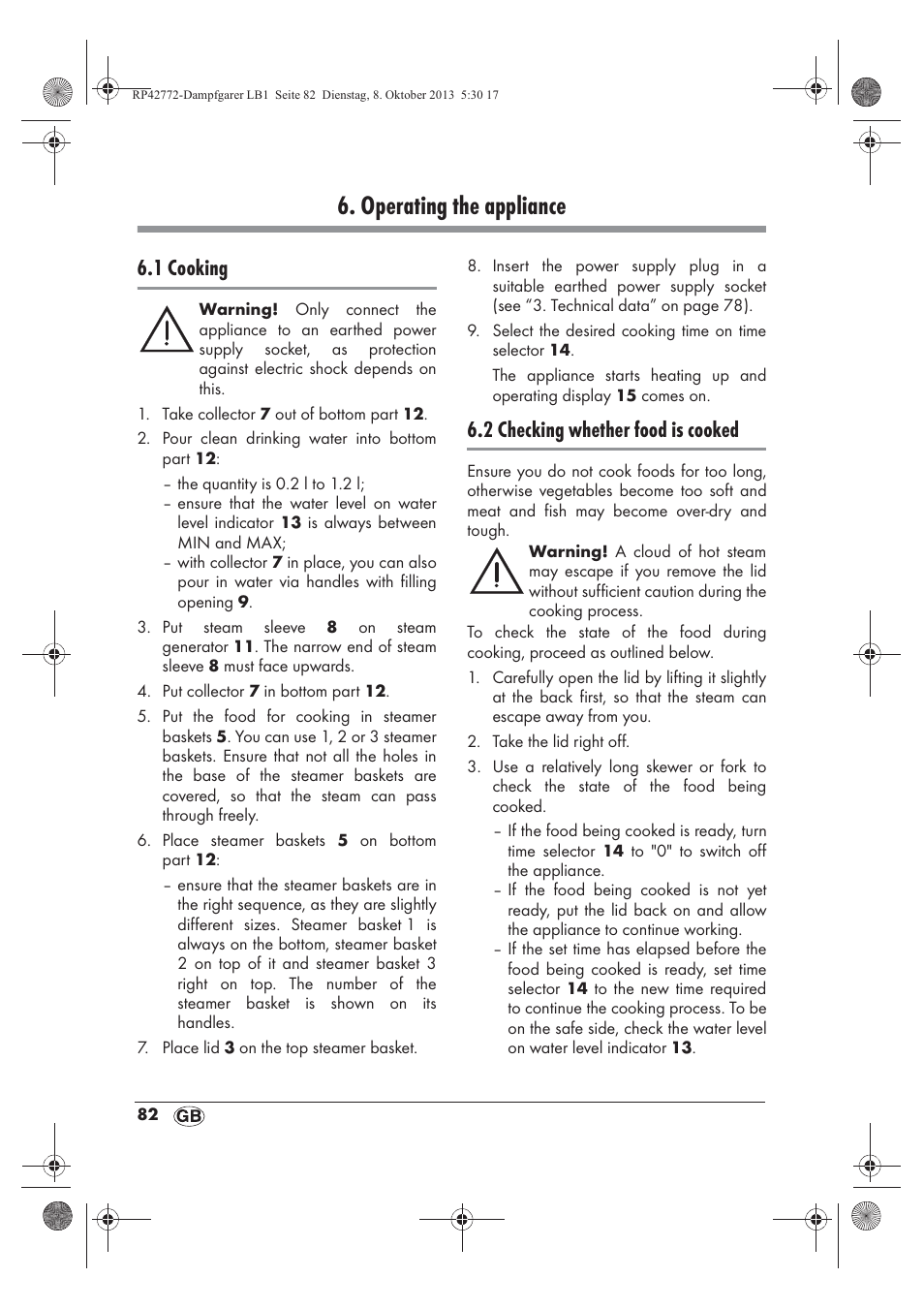 Operating the appliance, 1 cooking, 2 checking whether food is cooked | Silvercrest SDG 800 B2 User Manual | Page 84 / 98