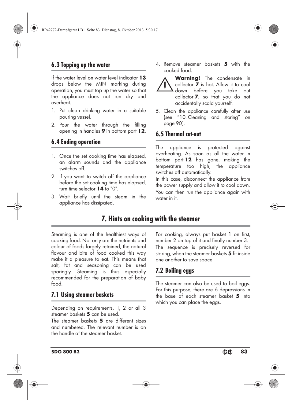 Hints on cooking with the steamer, 3 topping up the water, 4 ending operation | 5 thermal cut-out, 1 using steamer baskets, 2 boiling eggs | Silvercrest SDG 800 B2 User Manual | Page 85 / 98