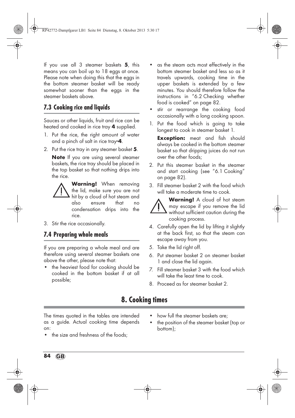 Cooking times, 3 cooking rice and liquids, 4 preparing whole meals | Silvercrest SDG 800 B2 User Manual | Page 86 / 98