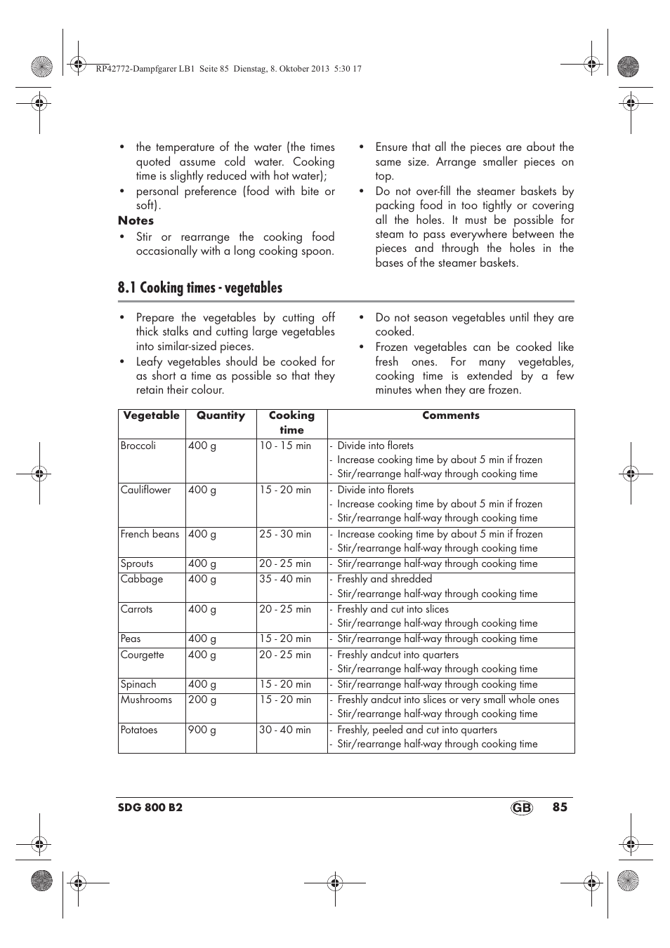 1 cooking times - vegetables | Silvercrest SDG 800 B2 User Manual | Page 87 / 98