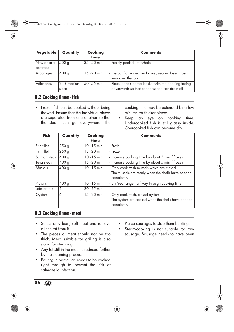 2 cooking times - fish, 3 cooking times - meat | Silvercrest SDG 800 B2 User Manual | Page 88 / 98
