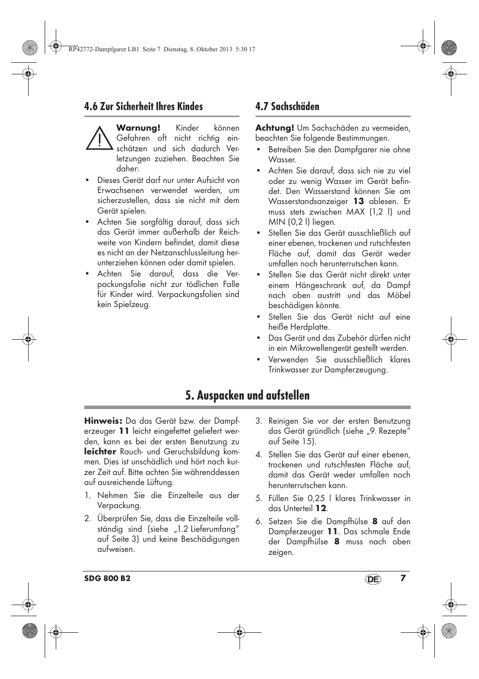 Auspacken und aufstellen, 6 zur sicherheit ihres kindes, 7 sachschäden | Silvercrest SDG 800 B2 User Manual | Page 9 / 98