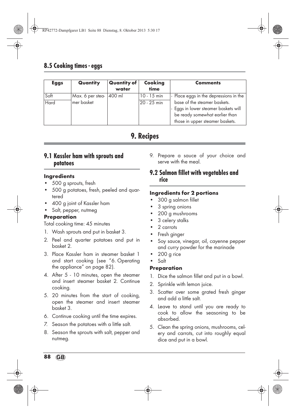 Recipes, 5 cooking times - eggs, 1 kassler ham with sprouts and potatoes | 2 salmon fillet with vegetables and rice | Silvercrest SDG 800 B2 User Manual | Page 90 / 98