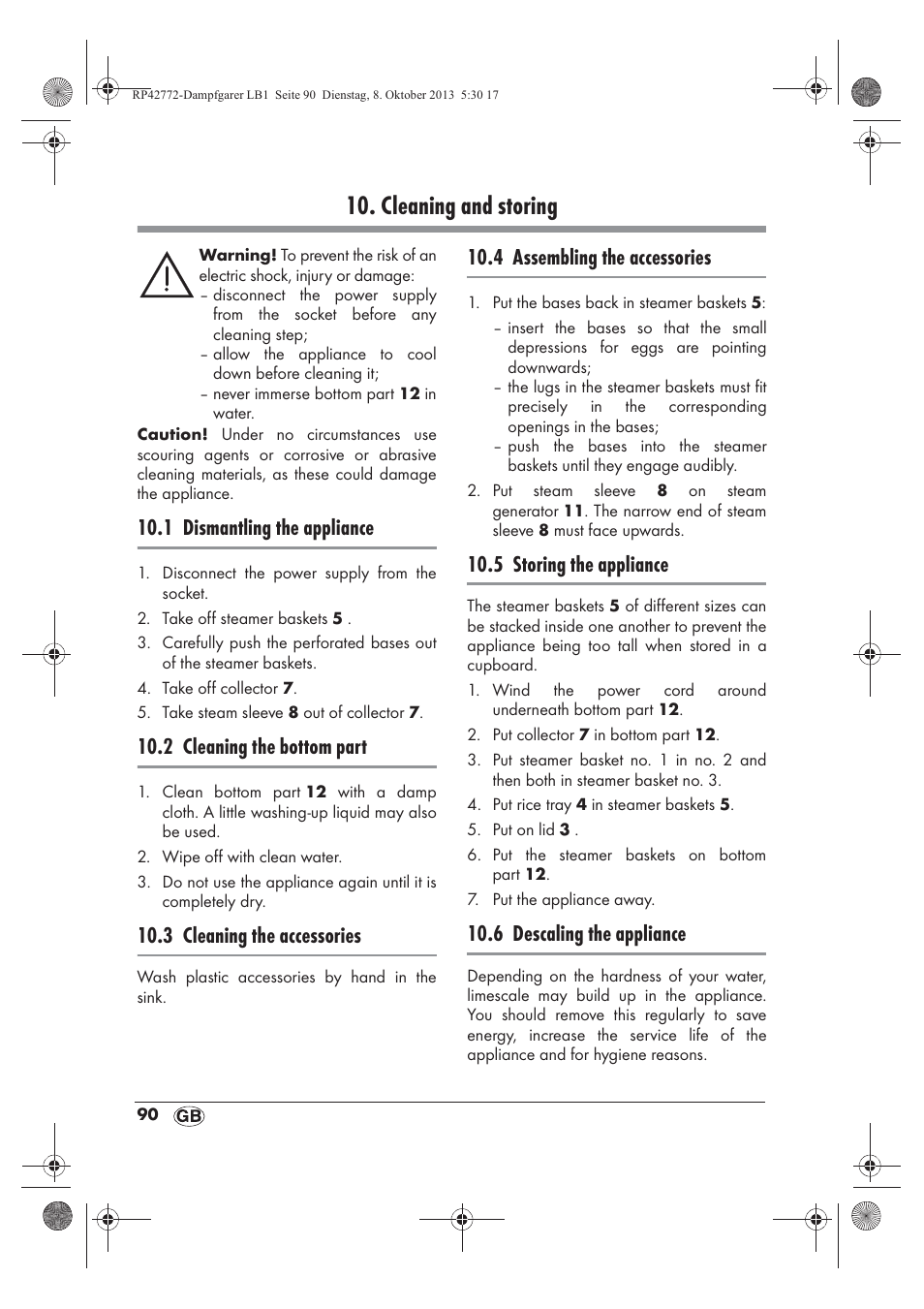 Cleaning and storing, 1 dismantling the appliance, 2 cleaning the bottom part | 3 cleaning the accessories, 4 assembling the accessories, 5 storing the appliance, 6 descaling the appliance | Silvercrest SDG 800 B2 User Manual | Page 92 / 98