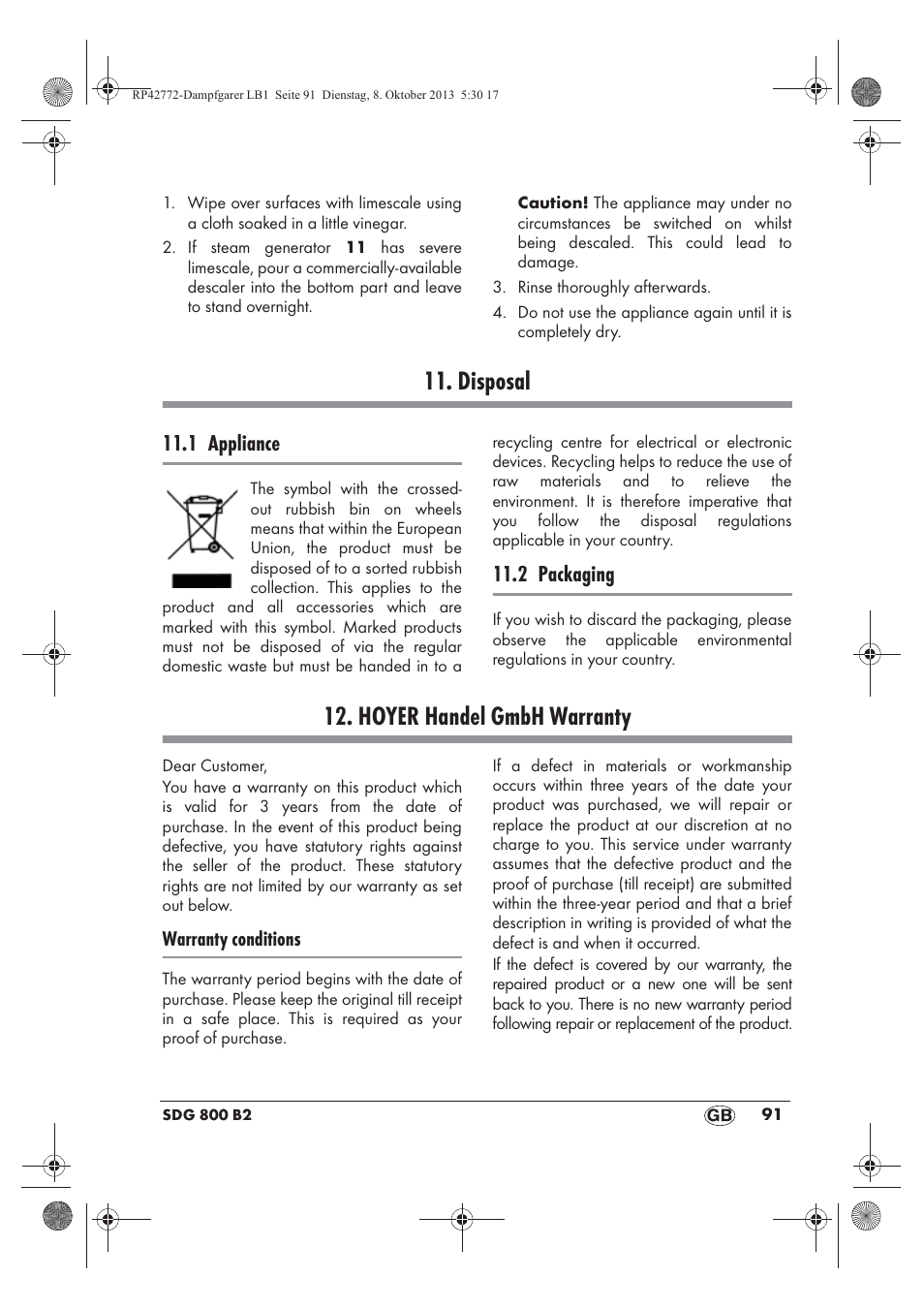 Disposal, Hoyer handel gmbh warranty, 1 appliance | 2 packaging | Silvercrest SDG 800 B2 User Manual | Page 93 / 98
