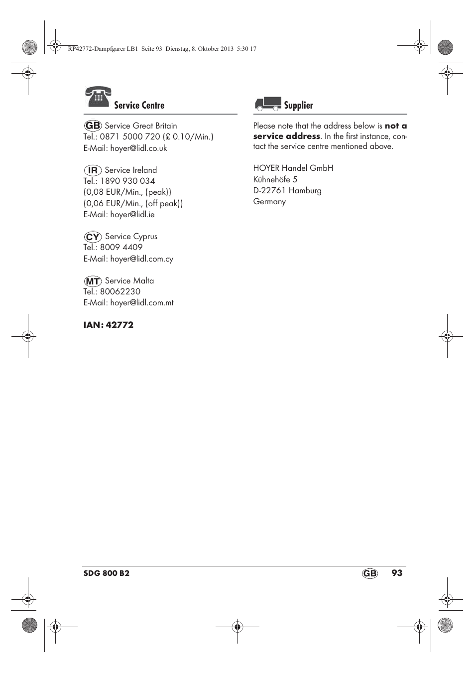 Service centre, Supplier | Silvercrest SDG 800 B2 User Manual | Page 95 / 98