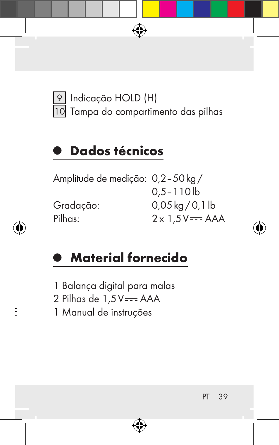 Balança de malas utilização correcta, Descrição das peças, Dados técnicos | Material fornecido | Silvercrest Z31123 User Manual | Page 39 / 84