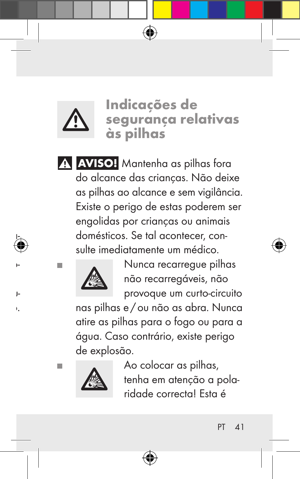 Indicações de segurança, Indicações de segurança relativas às pilhas | Silvercrest Z31123 User Manual | Page 41 / 84