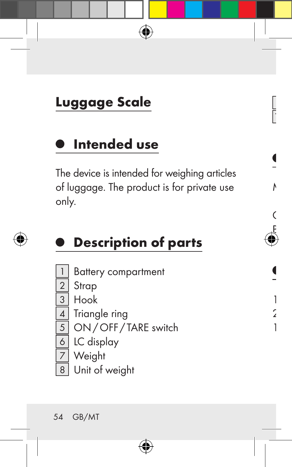 Luggage scale intended use, Description of parts, Technical data | Included items | Silvercrest Z31123 User Manual | Page 54 / 84