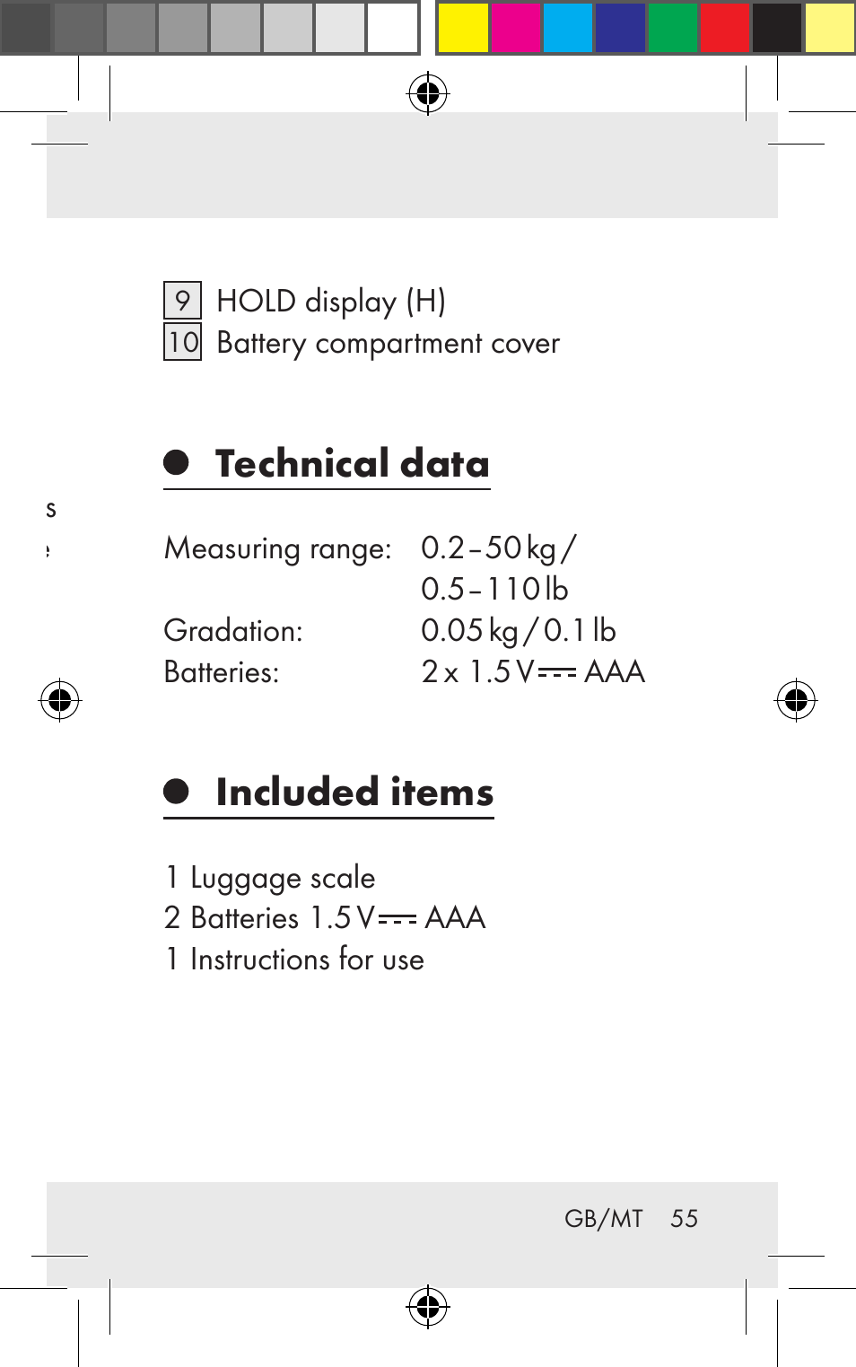 Luggage scale intended use, Description of parts, Technical data | Included items | Silvercrest Z31123 User Manual | Page 55 / 84