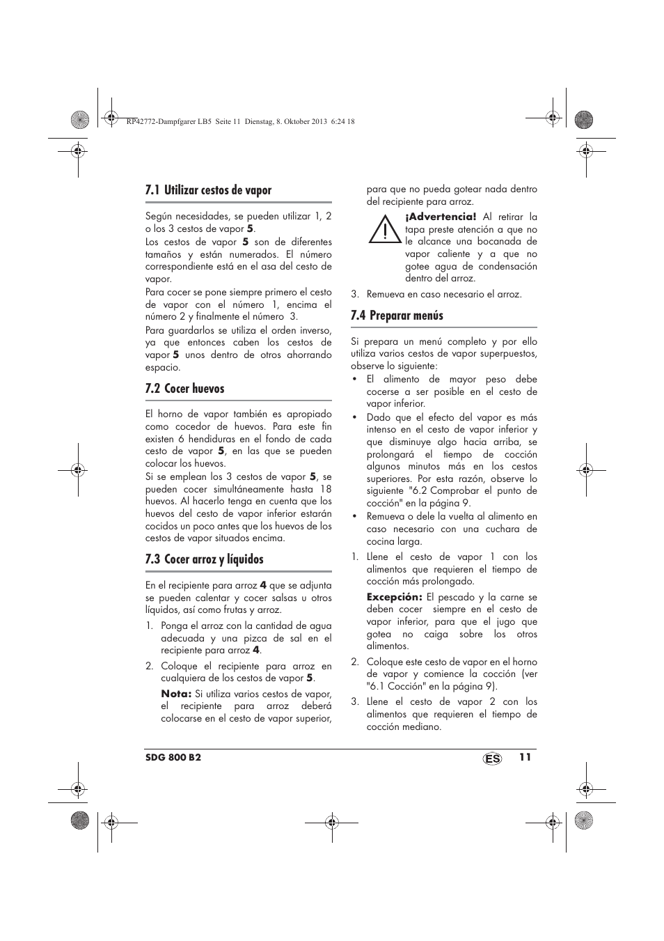 1 utilizar cestos de vapor, 2 cocer huevos, 3 cocer arroz y líquidos | 4 preparar menús | Silvercrest SDG 800 B2 User Manual | Page 13 / 98