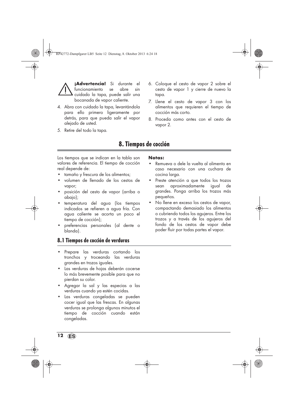 Tiempos de cocción, 1 tiempos de cocción de verduras | Silvercrest SDG 800 B2 User Manual | Page 14 / 98