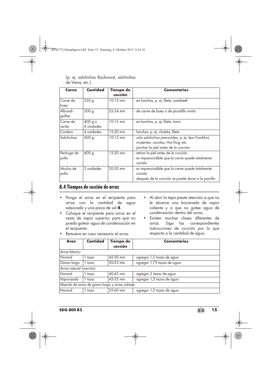 4 tiempos de cocción de arroz | Silvercrest SDG 800 B2 User Manual | Page 17 / 98