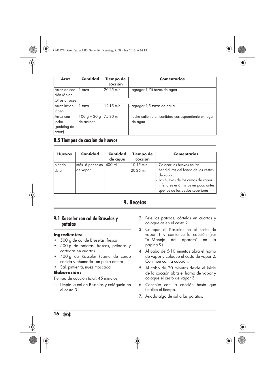 Recetas, 5 tiempos de cocción de huevos, 1 kasseler con col de bruselas y patatas | Silvercrest SDG 800 B2 User Manual | Page 18 / 98