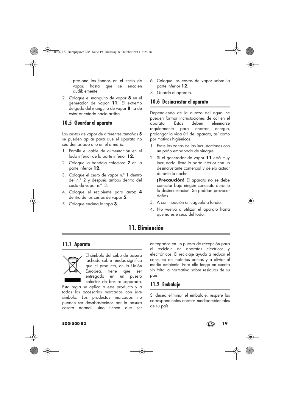 Eliminación, 5 guardar el aparato, 6 desincrustar el aparato | 1 aparato, 2 embalaje | Silvercrest SDG 800 B2 User Manual | Page 21 / 98