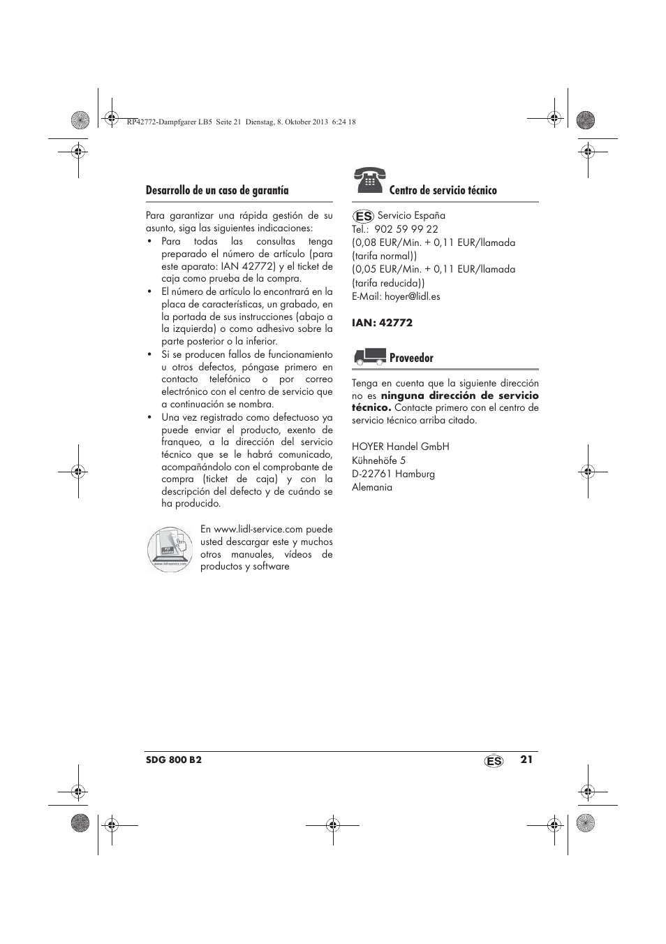 Desarrollo de un caso de garantía, Centro de servicio técnico, Proveedor | Silvercrest SDG 800 B2 User Manual | Page 23 / 98