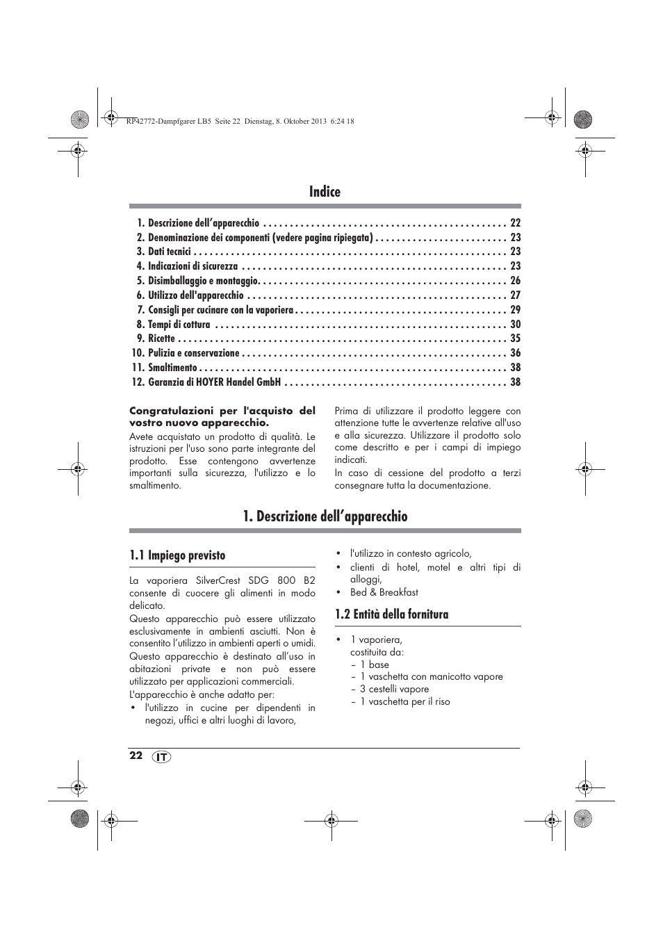 Indice, Descrizione dell’apparecchio | Silvercrest SDG 800 B2 User Manual | Page 24 / 98