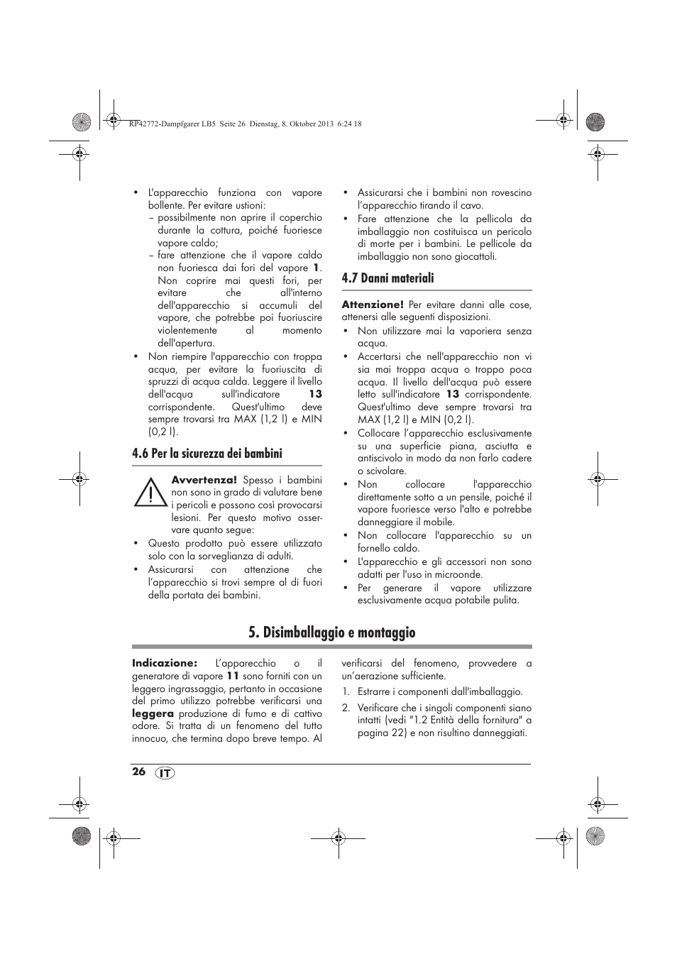 Disimballaggio e montaggio, 6 per la sicurezza dei bambini, 7 danni materiali | Silvercrest SDG 800 B2 User Manual | Page 28 / 98