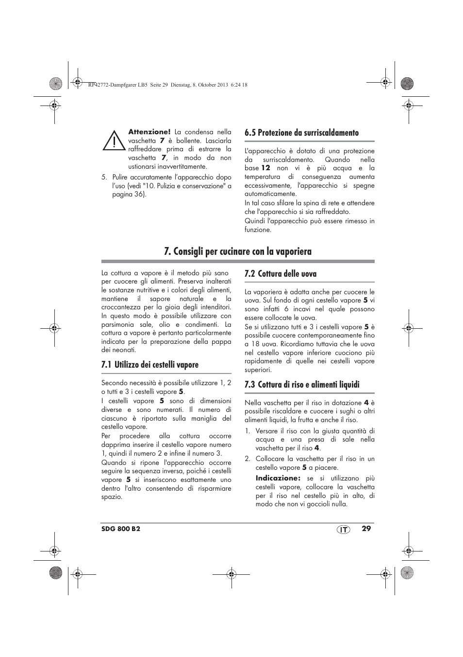 Consigli per cucinare con la vaporiera, 5 protezione da surriscaldamento, 1 utilizzo dei cestelli vapore | 2 cottura delle uova, 3 cottura di riso e alimenti liquidi | Silvercrest SDG 800 B2 User Manual | Page 31 / 98