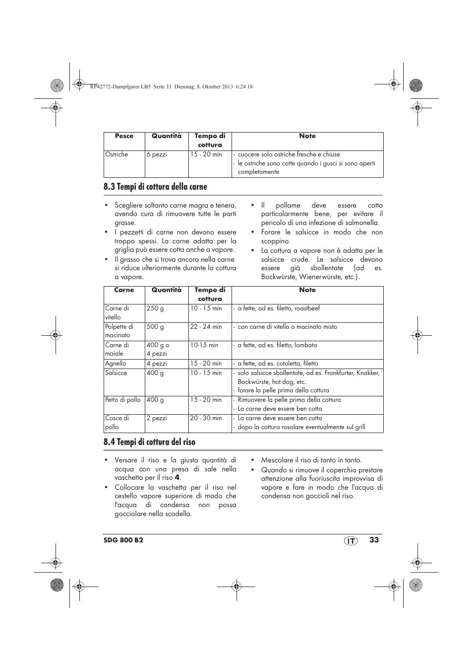 3 tempi di cottura della carne, 4 tempi di cottura del riso | Silvercrest SDG 800 B2 User Manual | Page 35 / 98