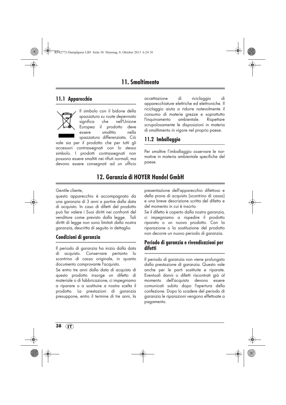 Smaltimento, Garanzia di hoyer handel gmbh | Silvercrest SDG 800 B2 User Manual | Page 40 / 98