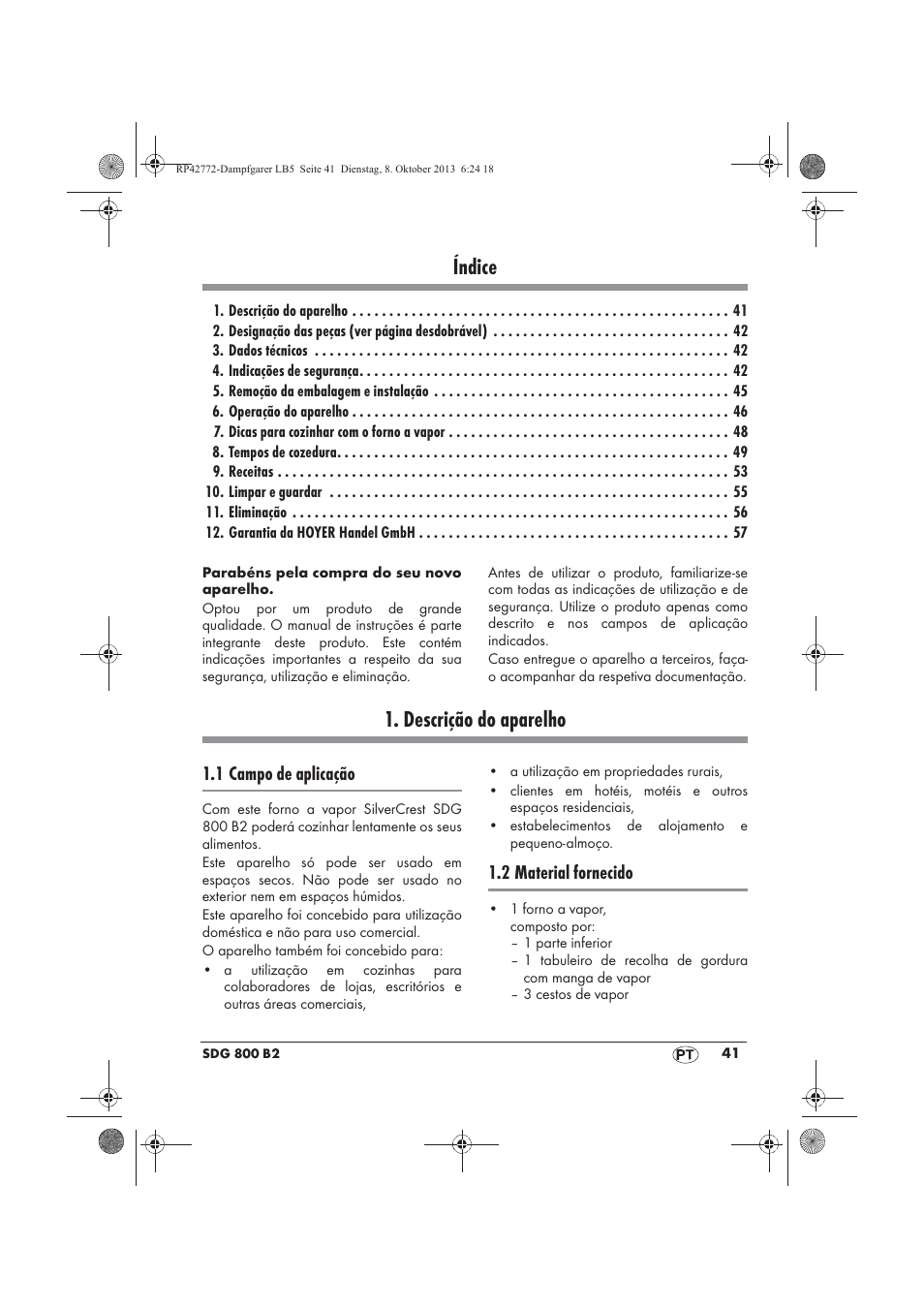 Índice, Descrição do aparelho, 1 campo de aplicação | 2 material fornecido | Silvercrest SDG 800 B2 User Manual | Page 43 / 98