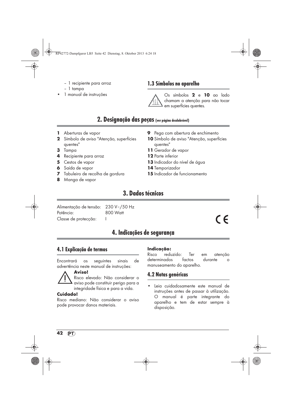 Designação das peças, Dados técnicos, Indicações de segurança | 3 símbolos no aparelho, 1 explicação de termos, 2 notas genéricas | Silvercrest SDG 800 B2 User Manual | Page 44 / 98