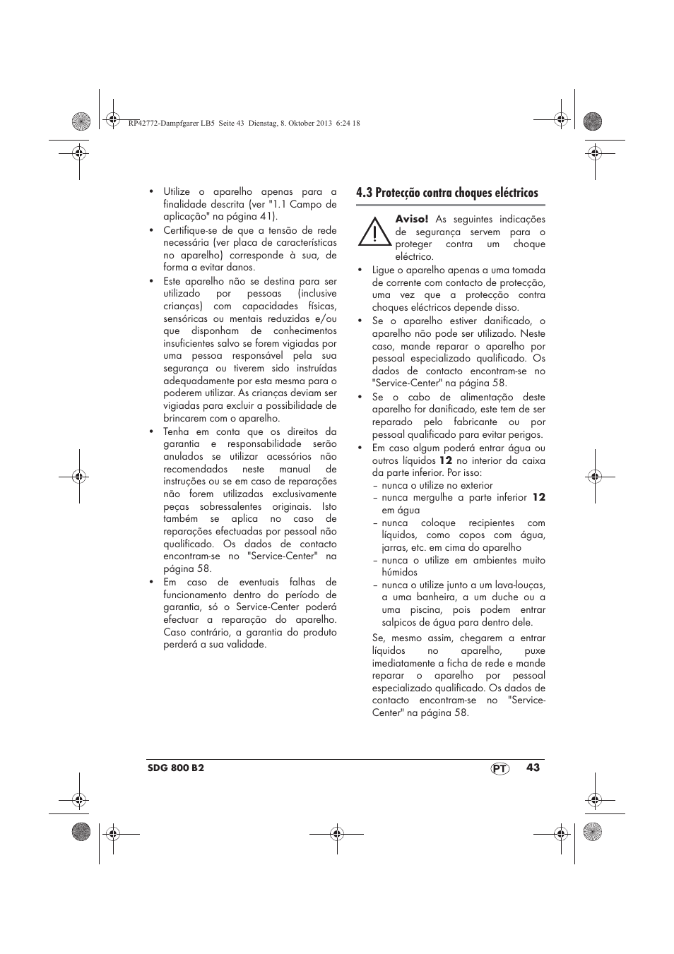 3 protecção contra choques eléctricos | Silvercrest SDG 800 B2 User Manual | Page 45 / 98