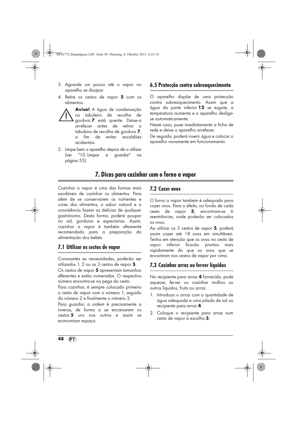 Dicas para cozinhar com o forno a vapor, 5 protecção contra sobreaquecimento, 1 utilizar os cestos de vapor | 2 cozer ovos, 3 cozinhar arroz ou ferver líquidos | Silvercrest SDG 800 B2 User Manual | Page 50 / 98