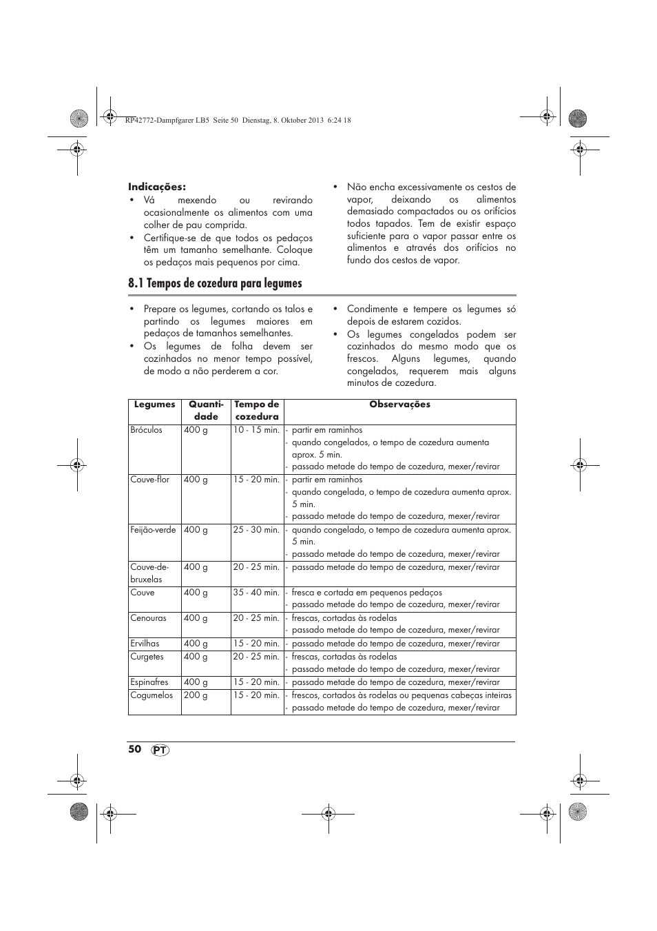 1 tempos de cozedura para legumes | Silvercrest SDG 800 B2 User Manual | Page 52 / 98