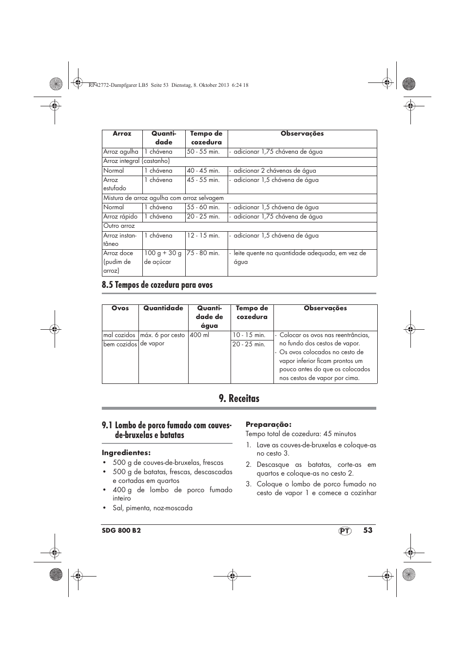 Receitas, 5 tempos de cozedura para ovos | Silvercrest SDG 800 B2 User Manual | Page 55 / 98