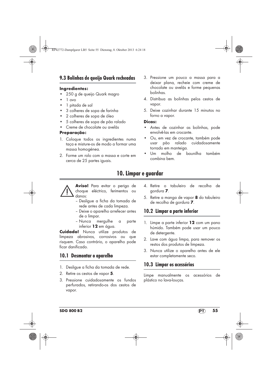 Limpar e guardar, 3 bolinhas de queijo quark recheadas, 1 desmontar o aparelho | 2 limpar a parte inferior, 3 limpar os acessórios | Silvercrest SDG 800 B2 User Manual | Page 57 / 98