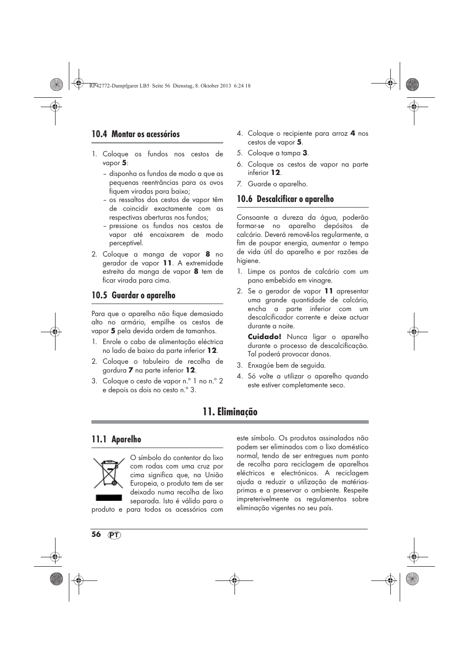 Eliminação, 4 montar os acessórios, 5 guardar o aparelho | 6 descalcificar o aparelho, 1 aparelho | Silvercrest SDG 800 B2 User Manual | Page 58 / 98