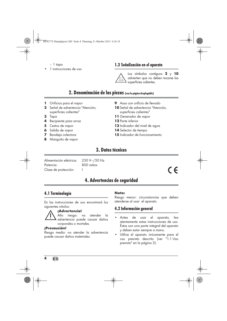 Denominación de las piezas, Datos técnicos, Advertencias de seguridad | 3 señalización en el aparato, 1 terminología, 2 información general | Silvercrest SDG 800 B2 User Manual | Page 6 / 98