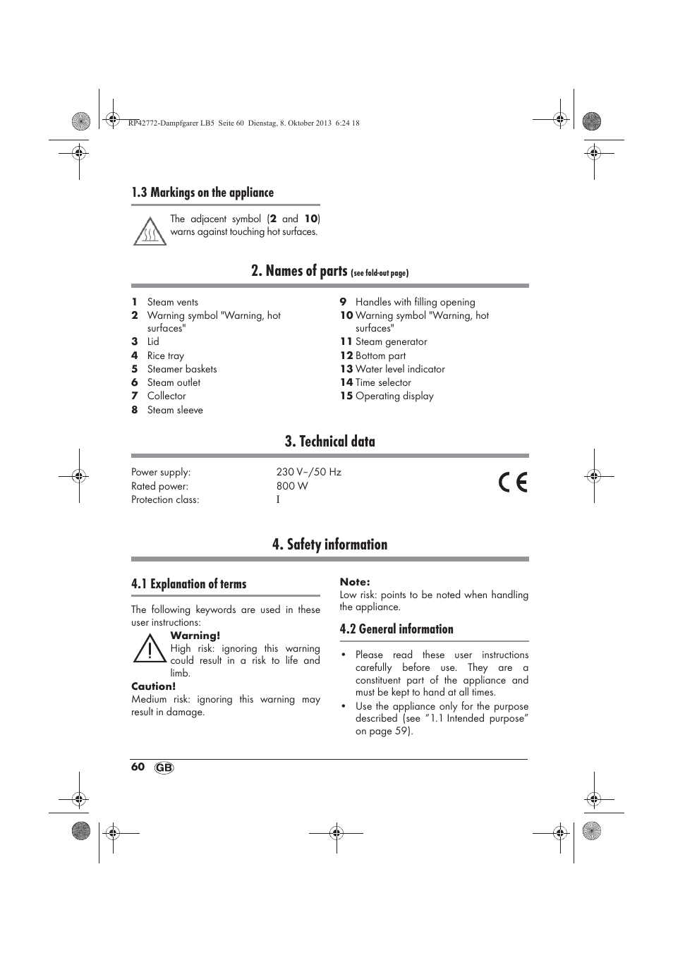 Names of parts, Technical data, Safety information | 3 markings on the appliance, 1 explanation of terms, 2 general information | Silvercrest SDG 800 B2 User Manual | Page 62 / 98