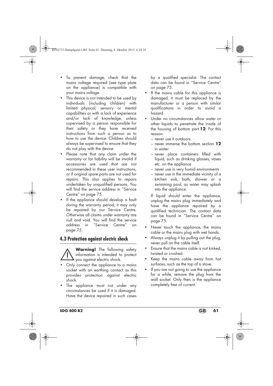 3 protection against electric shock | Silvercrest SDG 800 B2 User Manual | Page 63 / 98