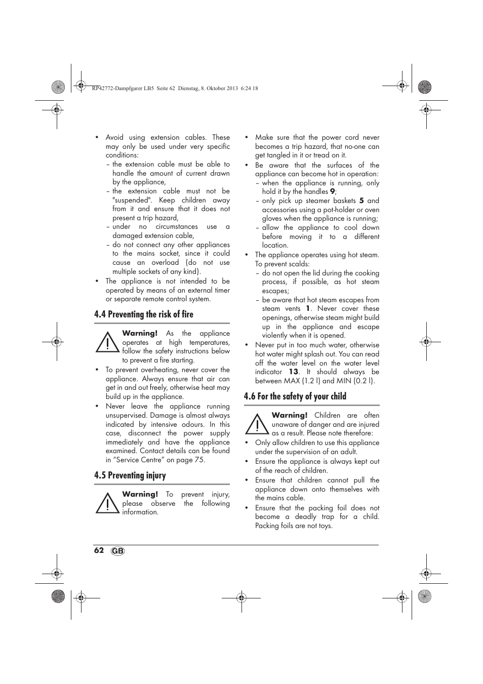 4 preventing the risk of fire, 5 preventing injury, 6 for the safety of your child | Silvercrest SDG 800 B2 User Manual | Page 64 / 98