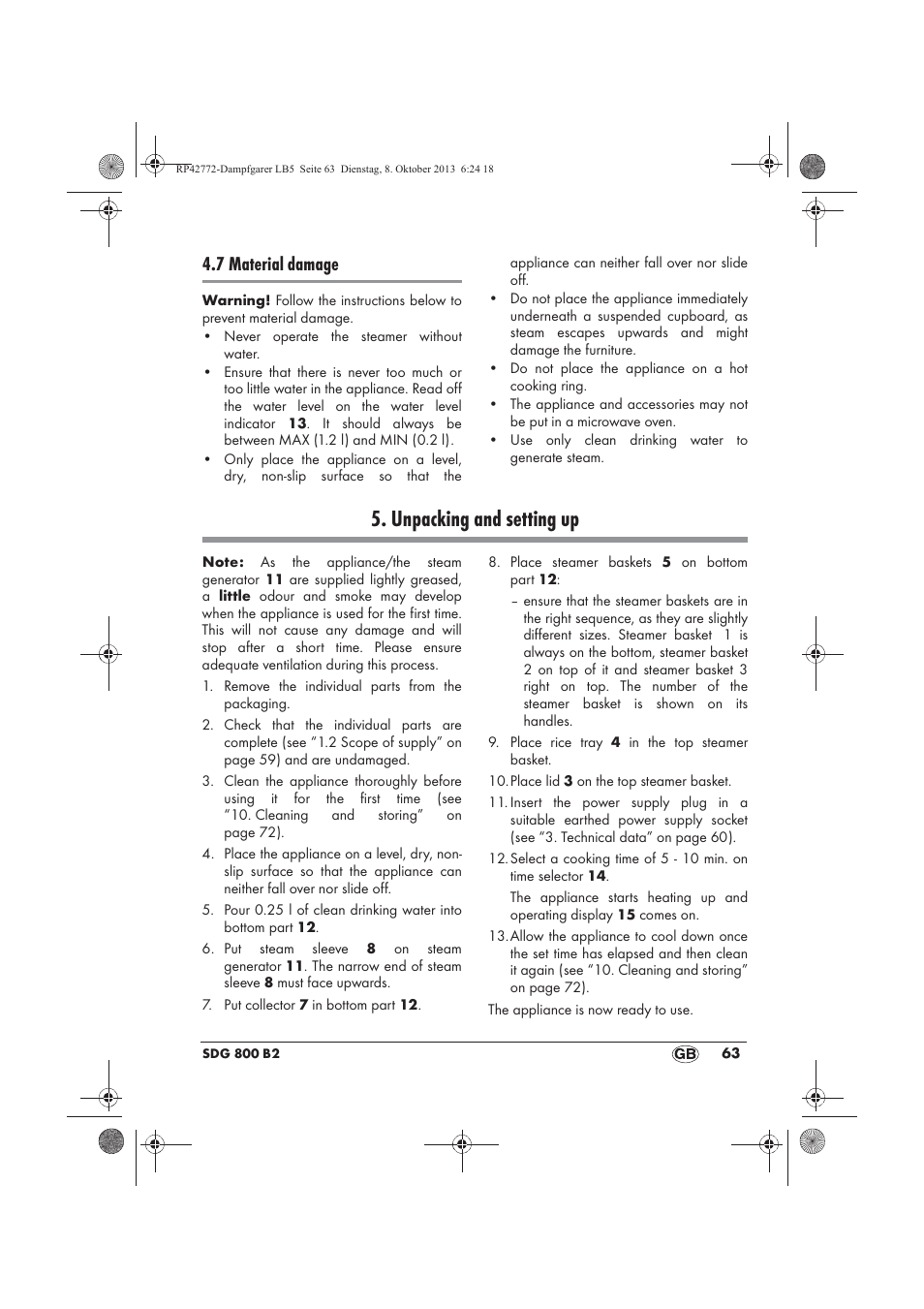 Unpacking and setting up, 7 material damage | Silvercrest SDG 800 B2 User Manual | Page 65 / 98