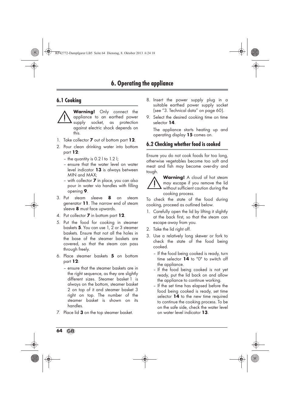 Operating the appliance, 1 cooking, 2 checking whether food is cooked | Silvercrest SDG 800 B2 User Manual | Page 66 / 98