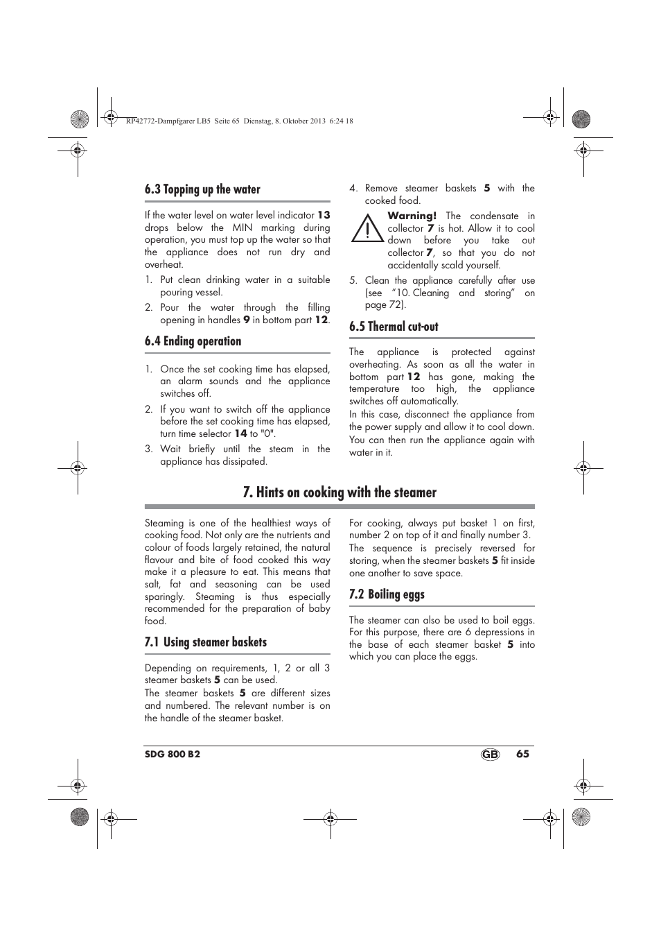 Hints on cooking with the steamer, 3 topping up the water, 4 ending operation | 5 thermal cut-out, 1 using steamer baskets, 2 boiling eggs | Silvercrest SDG 800 B2 User Manual | Page 67 / 98