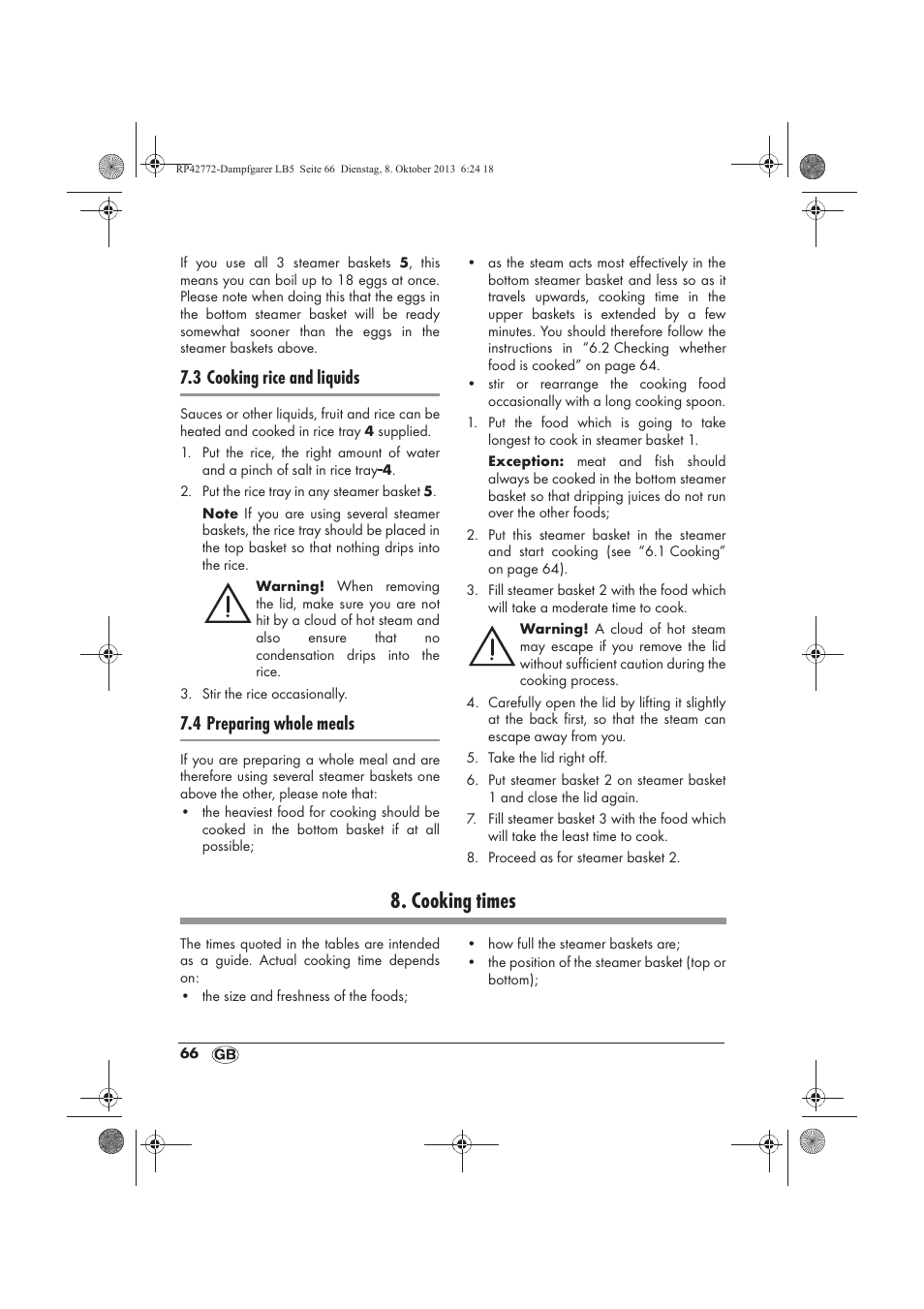 Cooking times, 3 cooking rice and liquids, 4 preparing whole meals | Silvercrest SDG 800 B2 User Manual | Page 68 / 98