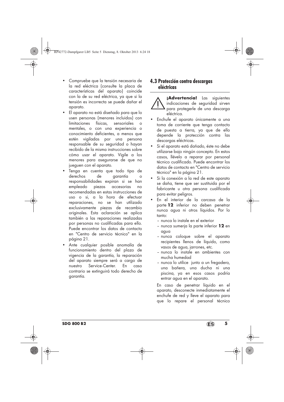 3 protección contra descargas eléctricas | Silvercrest SDG 800 B2 User Manual | Page 7 / 98