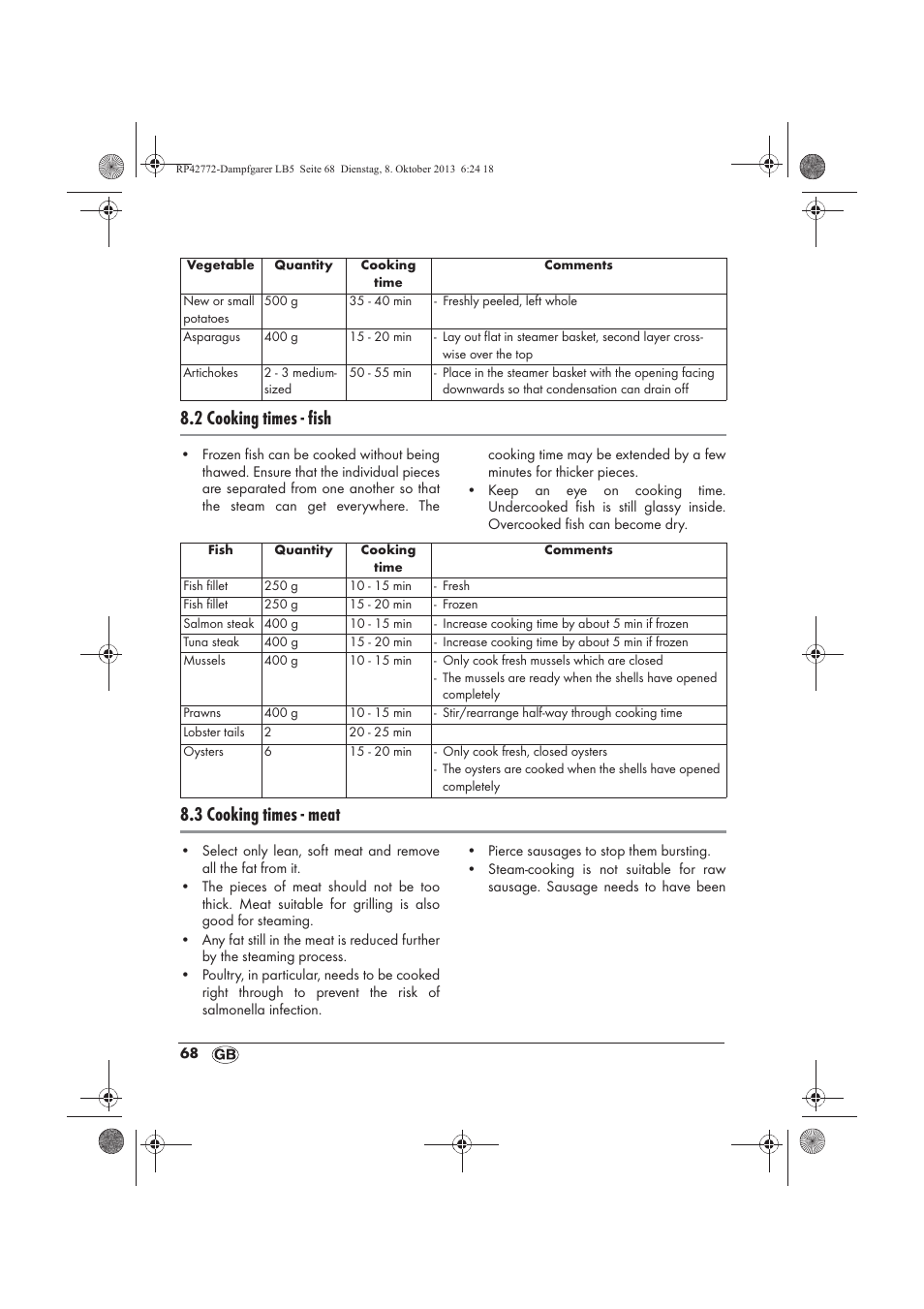 2 cooking times - fish, 3 cooking times - meat | Silvercrest SDG 800 B2 User Manual | Page 70 / 98