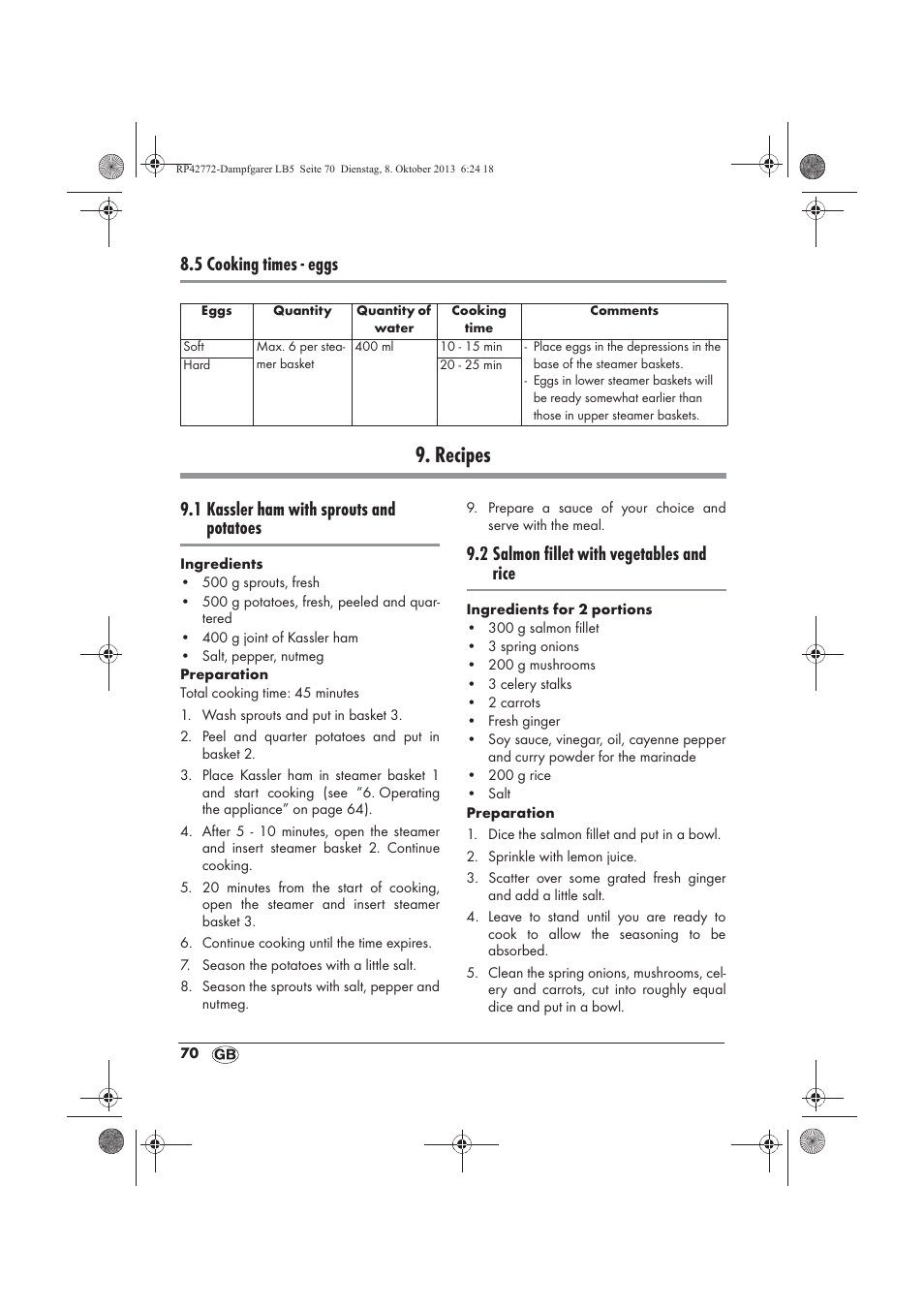 Recipes, 5 cooking times - eggs, 1 kassler ham with sprouts and potatoes | 2 salmon fillet with vegetables and rice | Silvercrest SDG 800 B2 User Manual | Page 72 / 98